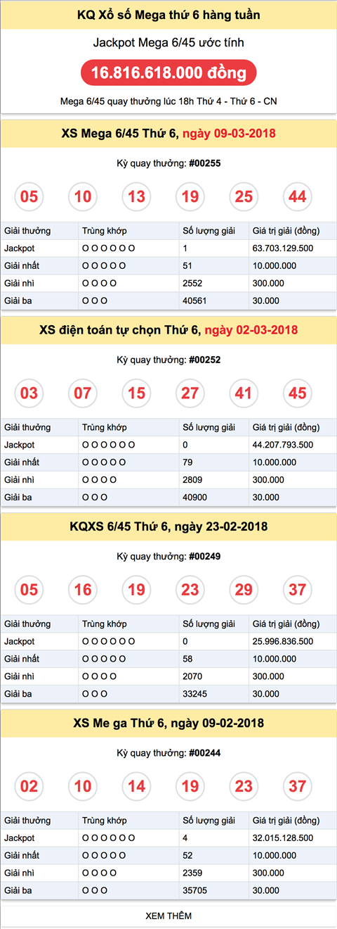 Ket qua XS Mega 6-45 thu 6 Ket qua XS Mega 6-45 thu 6